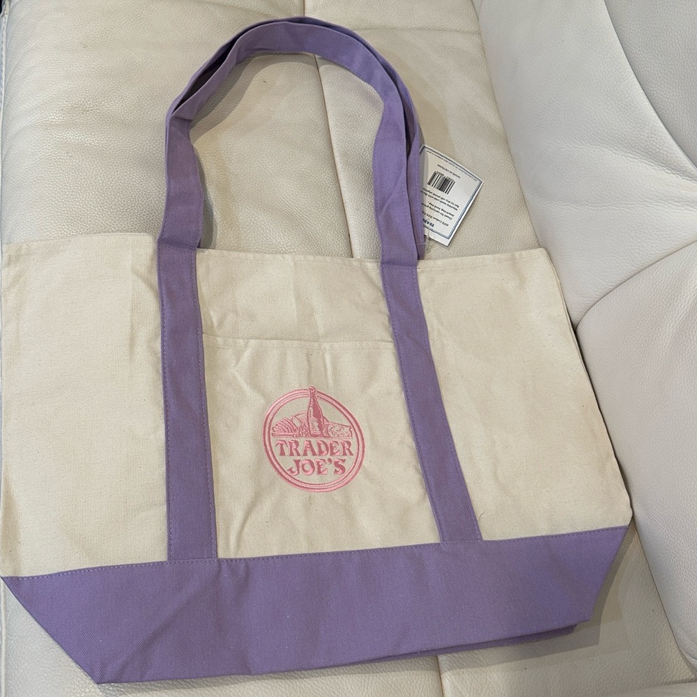 Trader Joe's Large Pastel Canvas Tote Bags in Lavender and Pink Logo NWT